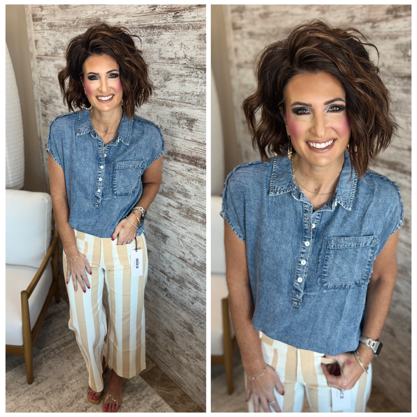 Denim Short Sleeve Henley Top