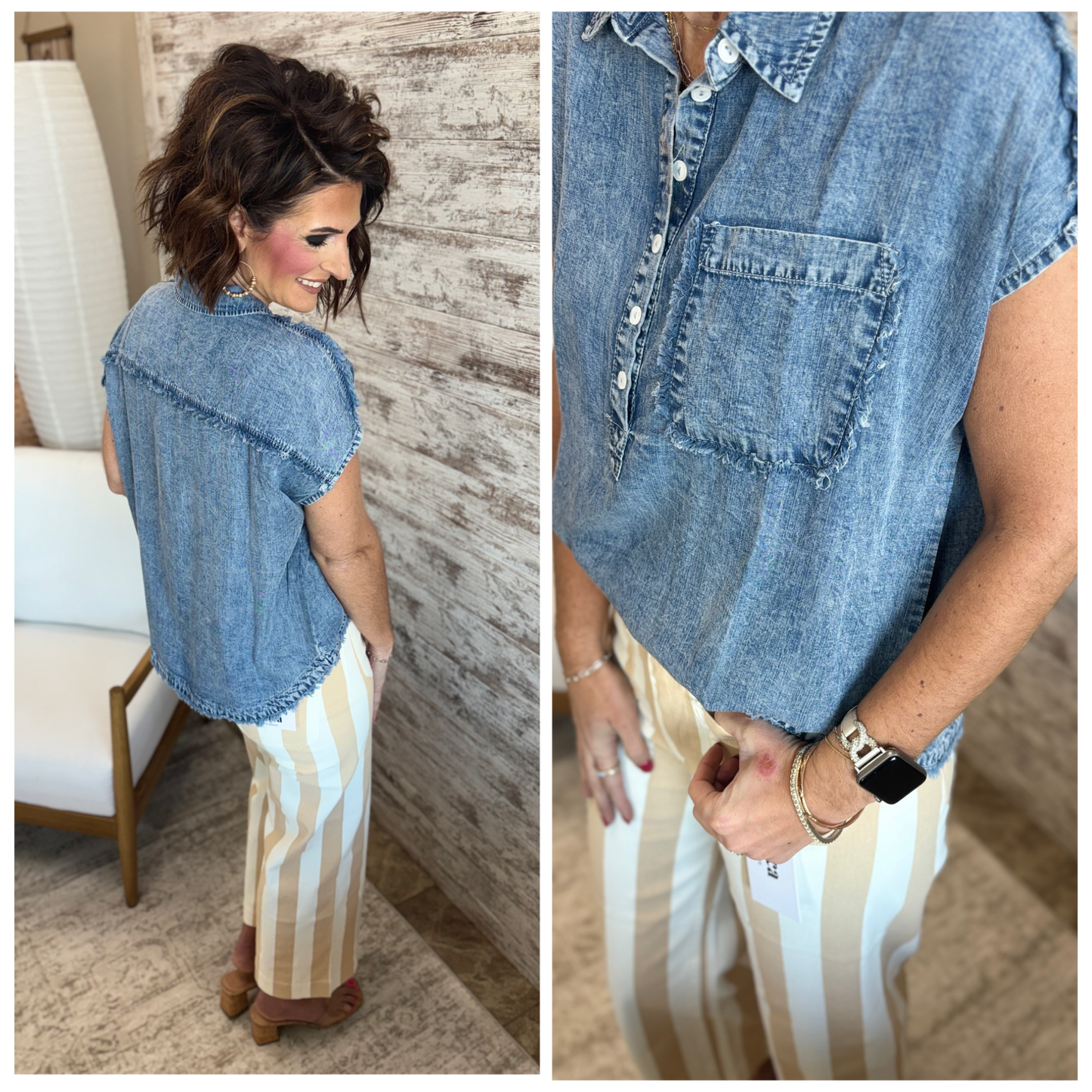 Denim Short Sleeve Henley Top