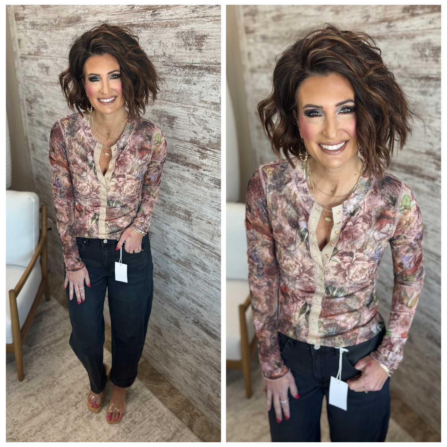 Sand Floral Snap Henley