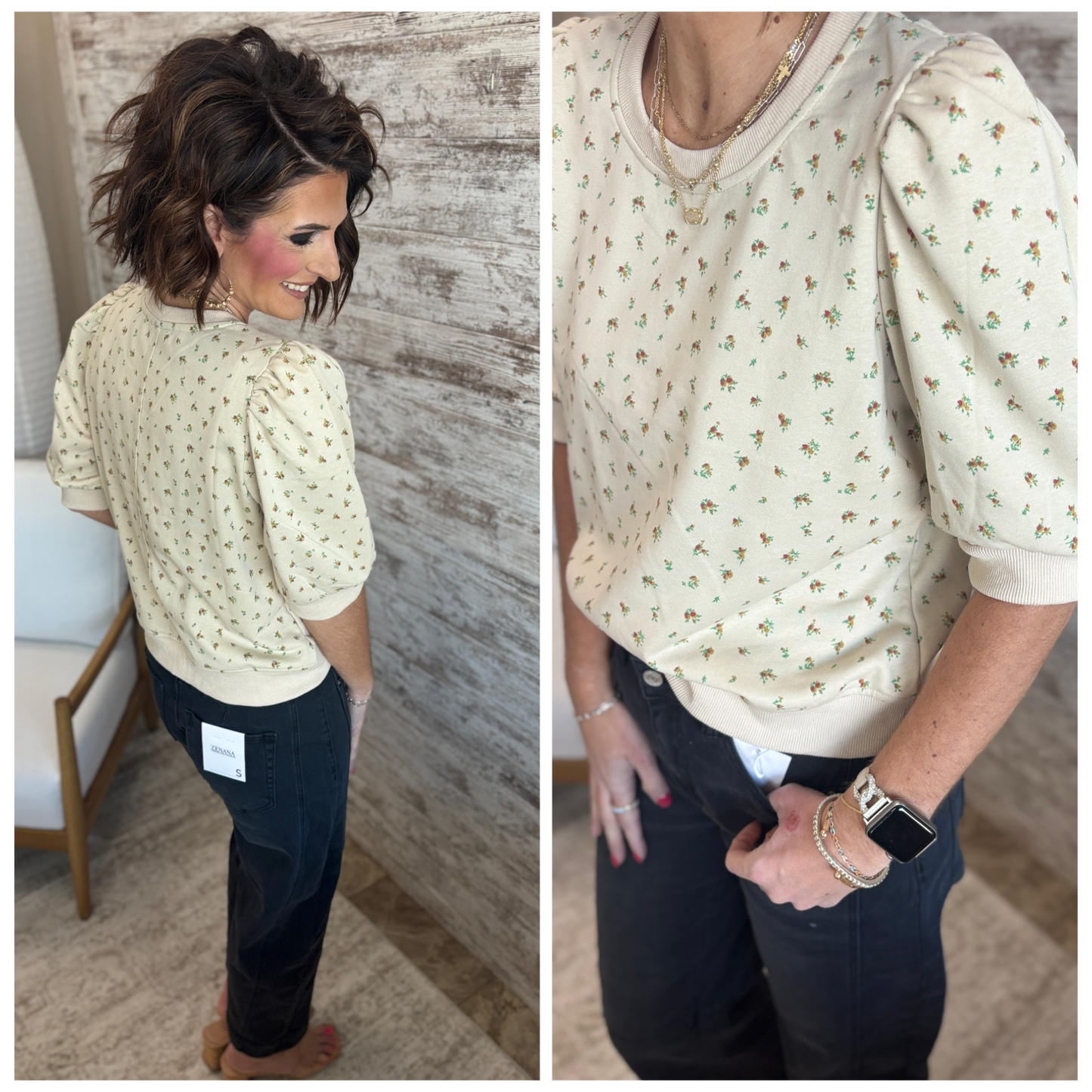 Sand Floral Print Puff Sleeve Top