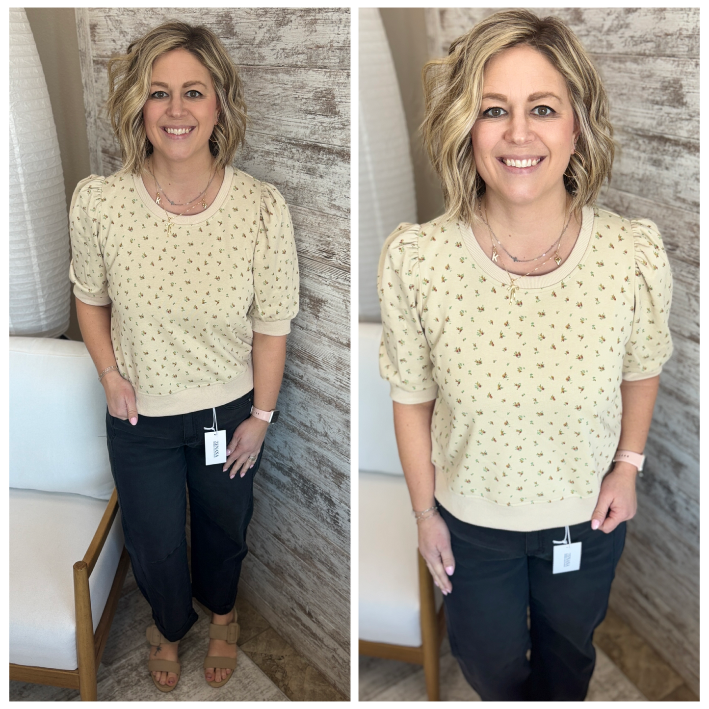 Sand Floral Print Puff Sleeve Top