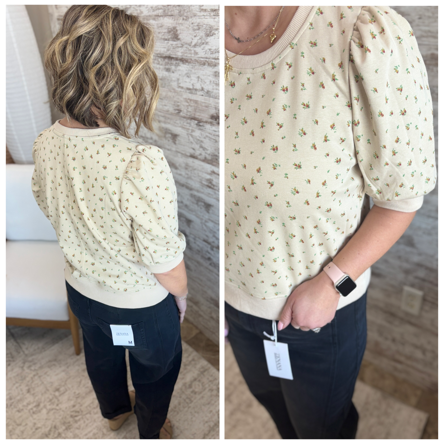 Sand Floral Print Puff Sleeve Top