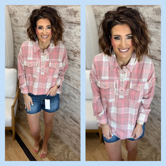 Pink Plaid 1/4 Button Shirt