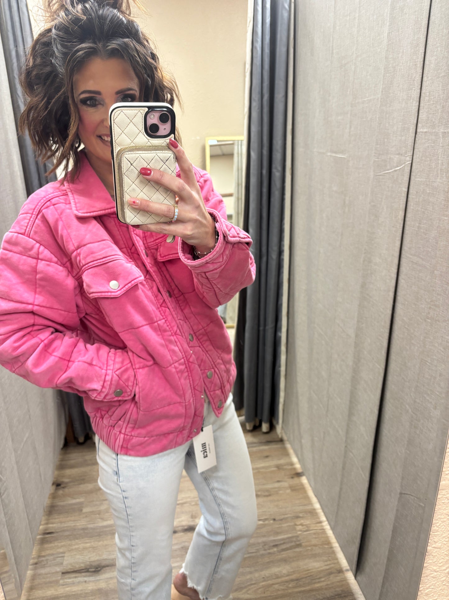 Hot Pink Stone Washed Quilted Jacket