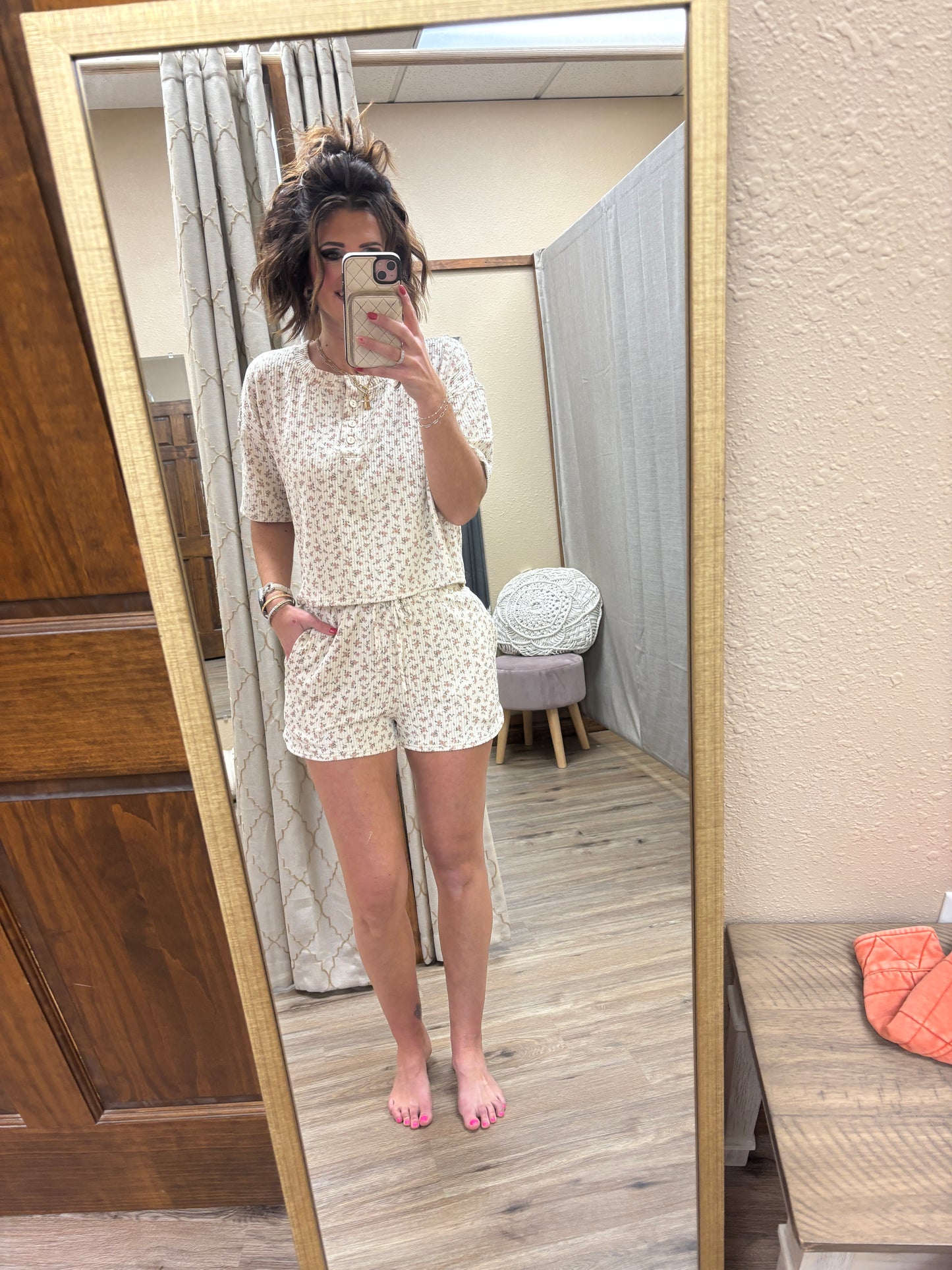 Floral Henley Waffle Knit Set