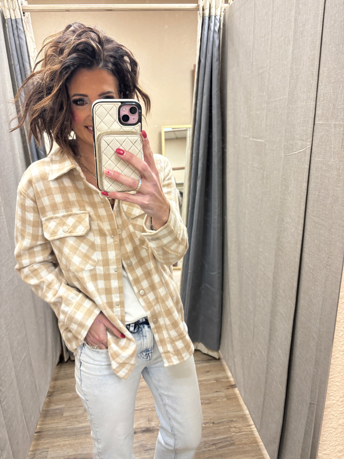 Beige Gingham Shirt Jacket