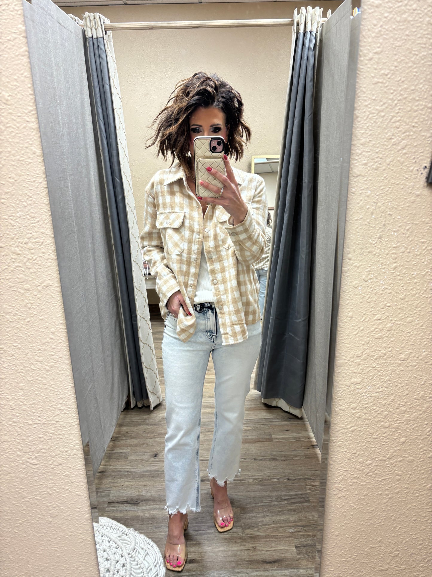 Beige Gingham Shirt Jacket