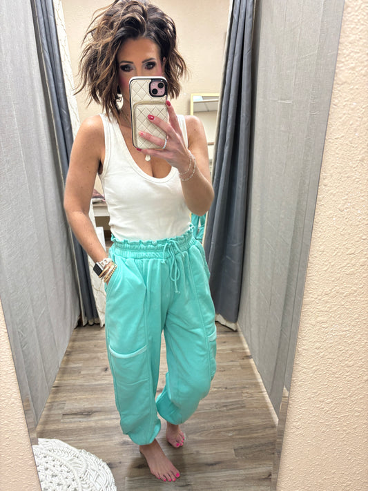 Turquoise Ruffle Waist Burnout Jogger Pants