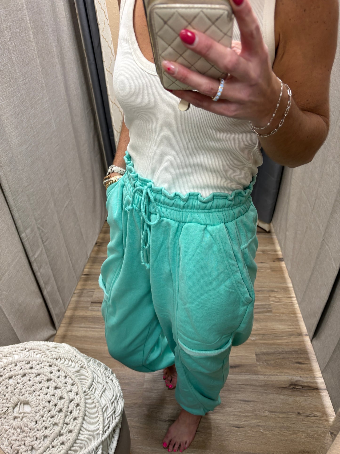 Turquoise Ruffle Waist Burnout Jogger Pants