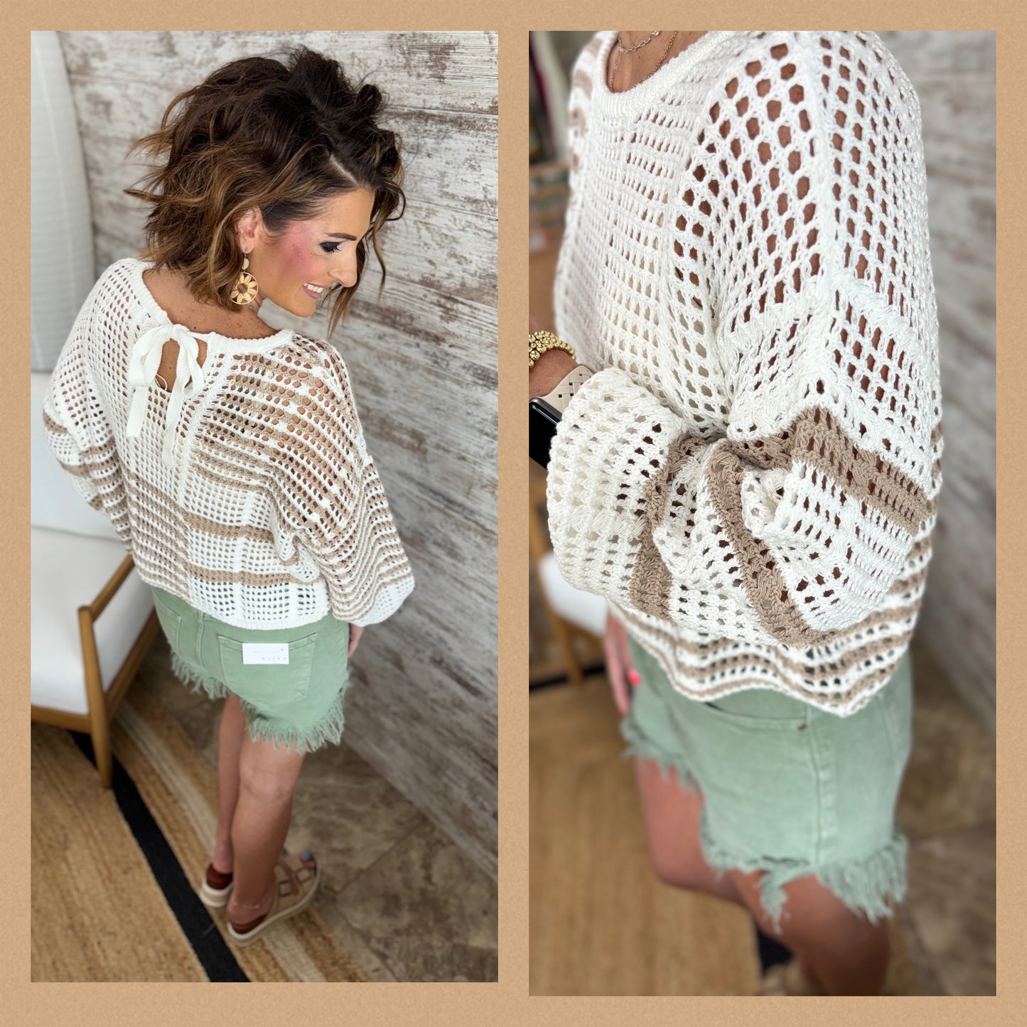 Multi Taupe Cropped Sweater with Tie Back