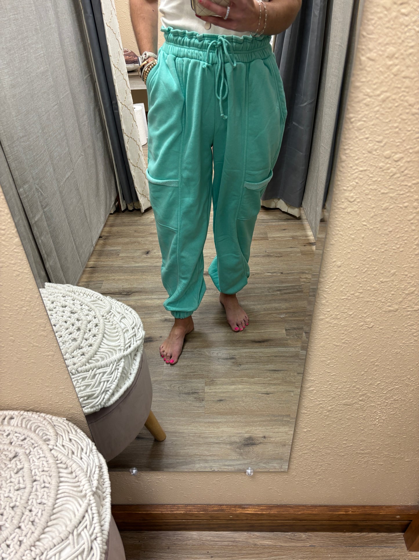 Turquoise Ruffle Waist Burnout Jogger Pants