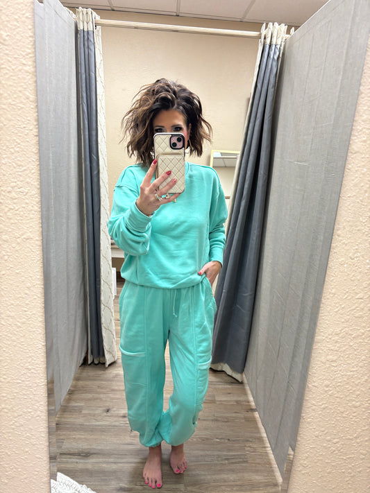 Turquoise Raw Edge Burnout Crew Neck