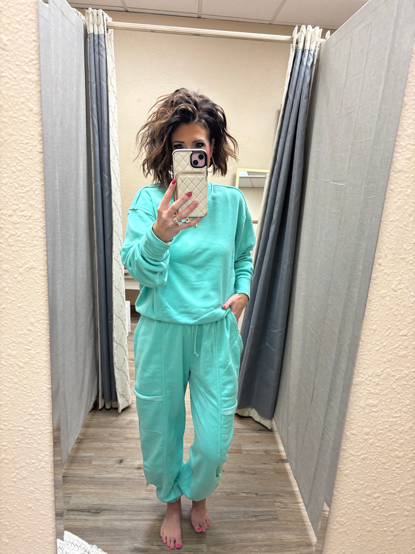 Turquoise Ruffle Waist Burnout Jogger Pants