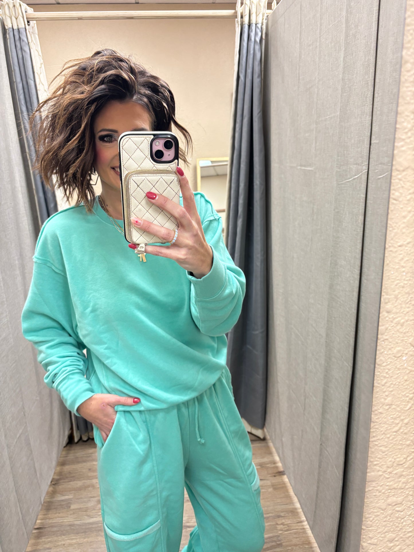 Turquoise Raw Edge Burnout Crew Neck