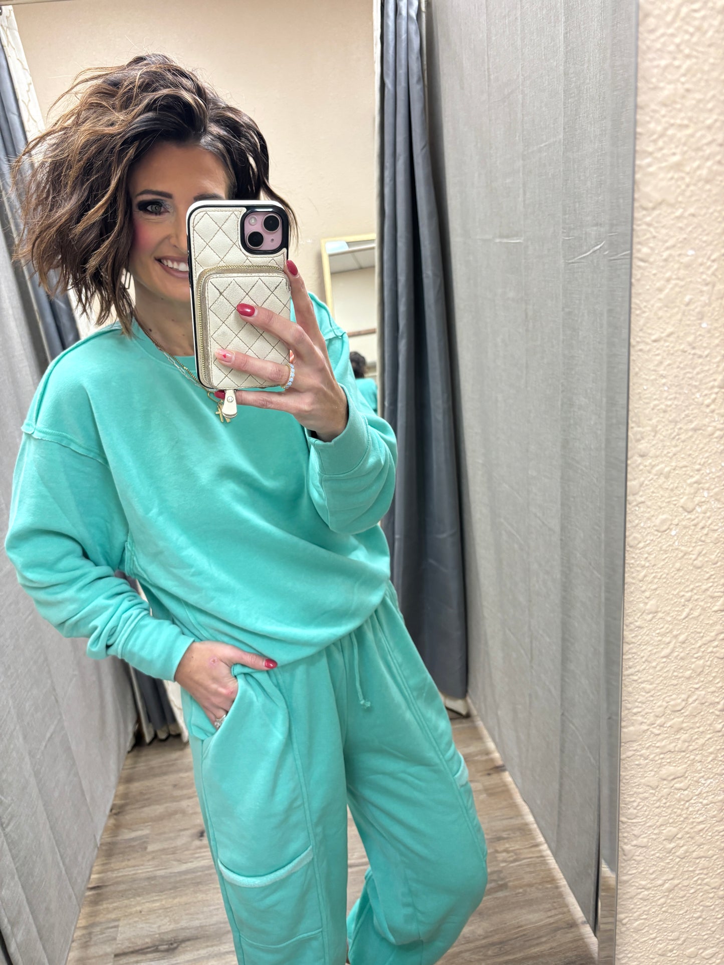 Turquoise Raw Edge Burnout Crew Neck