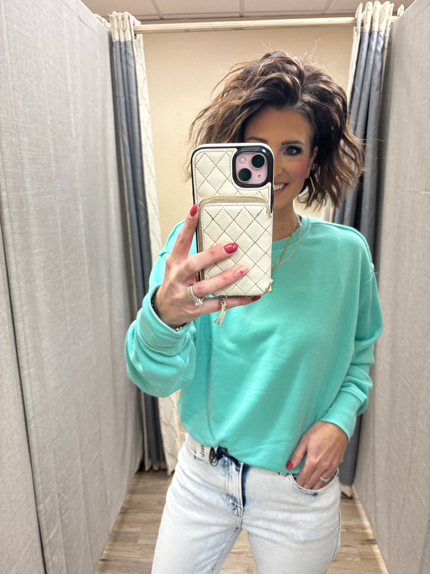 Turquoise Raw Edge Burnout Crew Neck