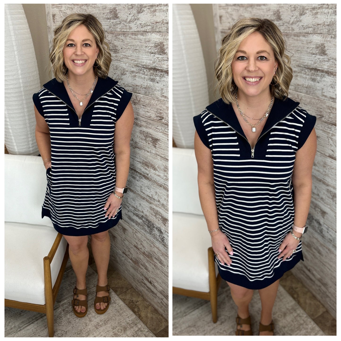 Navy Striped Half Zip Mini Dress