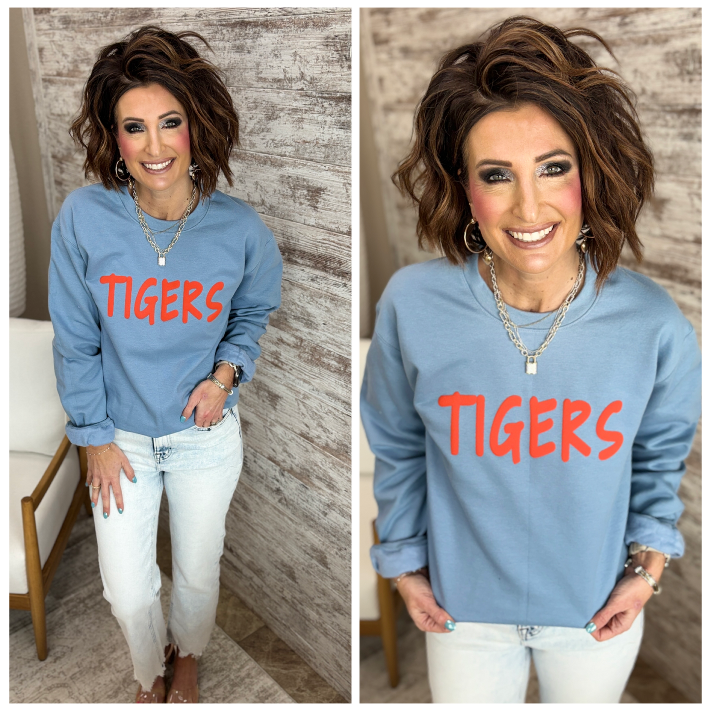 Wrightstown Tigers Puff Stone Blue Softstyle Gildan Crew