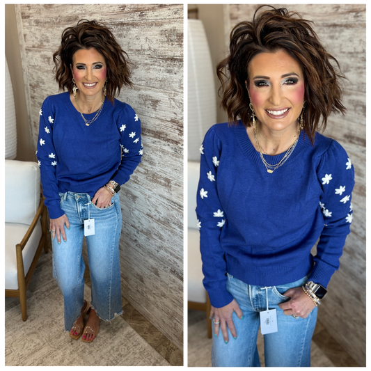 Cobalt Blue Floral Embroider Sweater