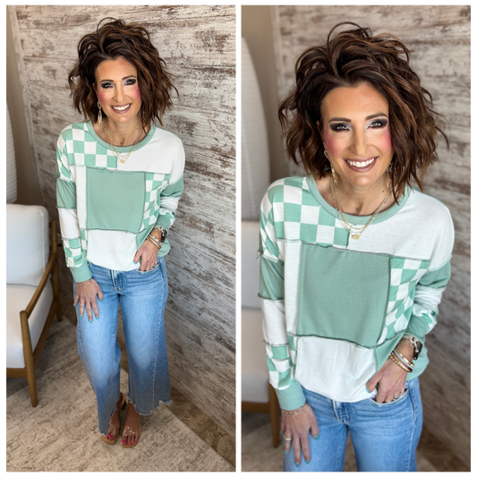 Sage Checkered Patchwork Top