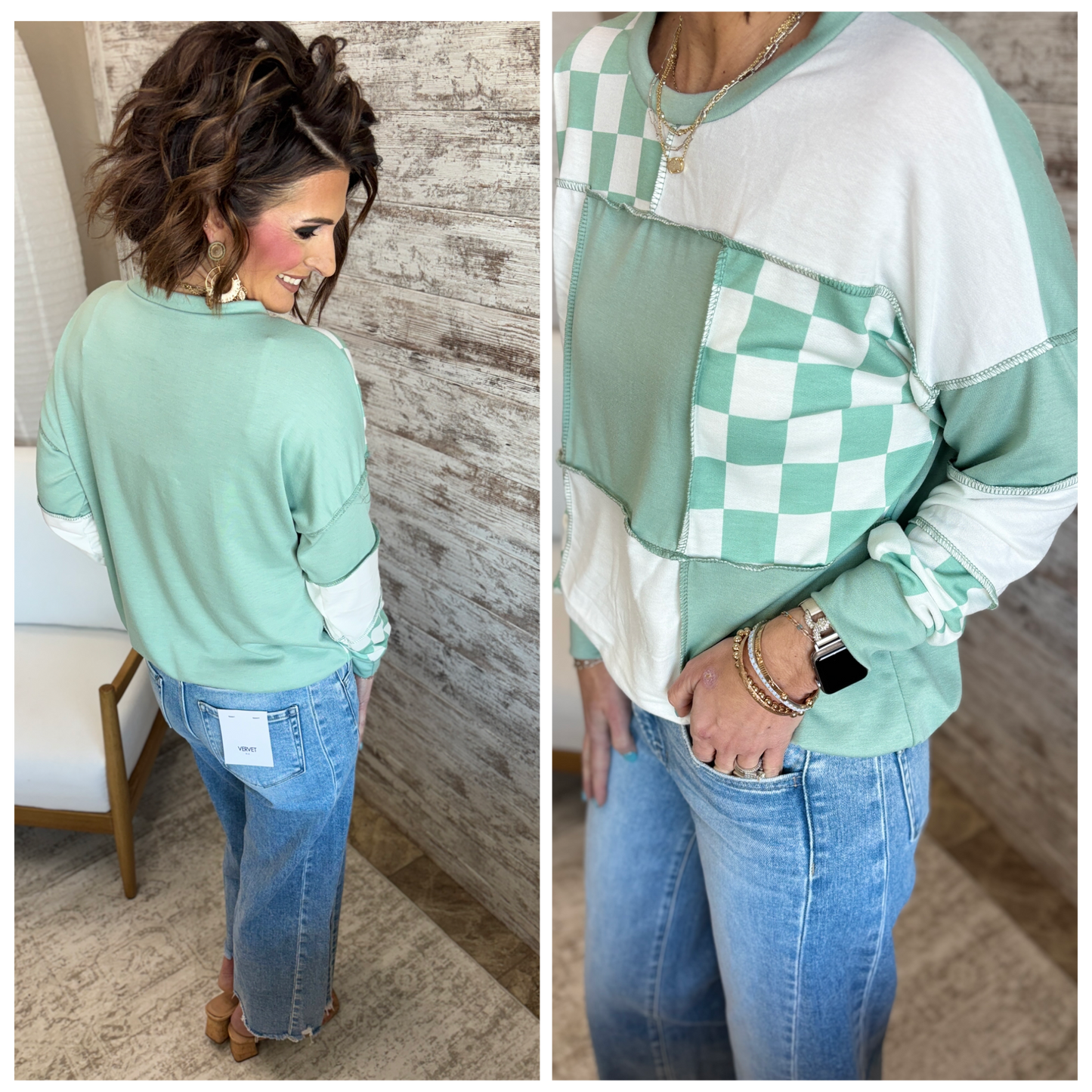 Sage Checkered Patchwork Top