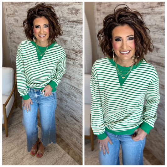 Green Striped Exposed Seam Pullover