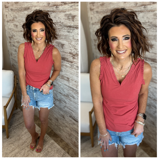 Burnt Sienna V Neck Frilled Knit Tank