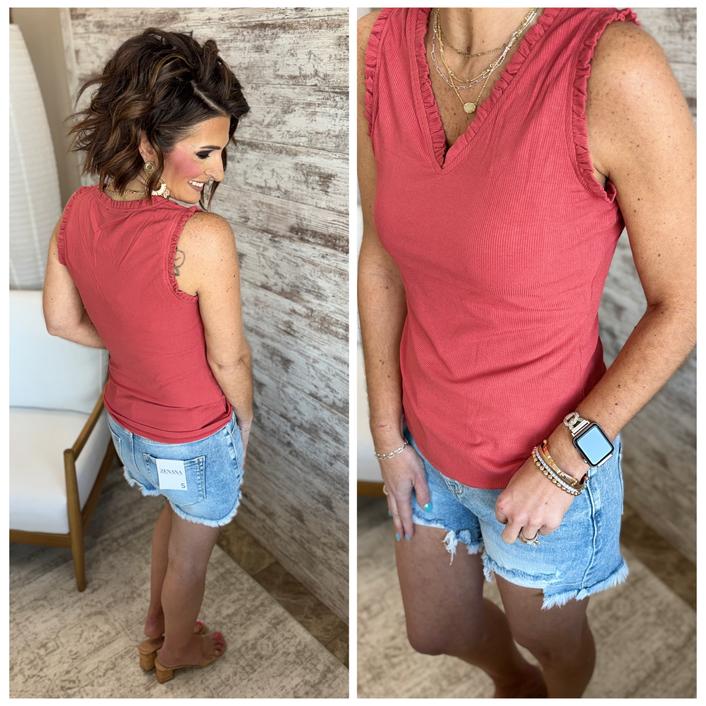Burnt Sienna V Neck Frilled Knit Tank