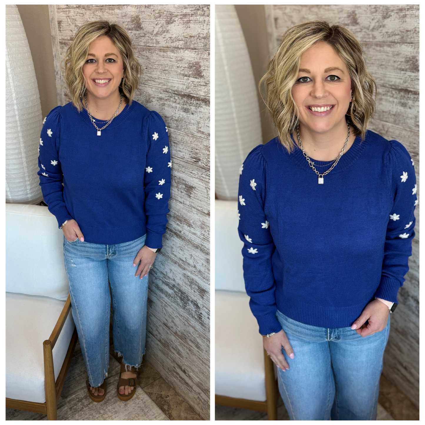 Cobalt Blue Floral Embroider Sweater