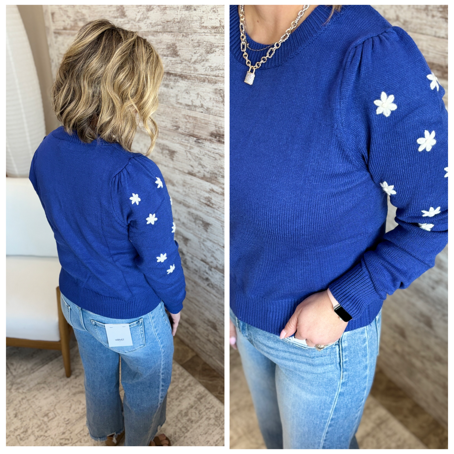Cobalt Blue Floral Embroider Sweater