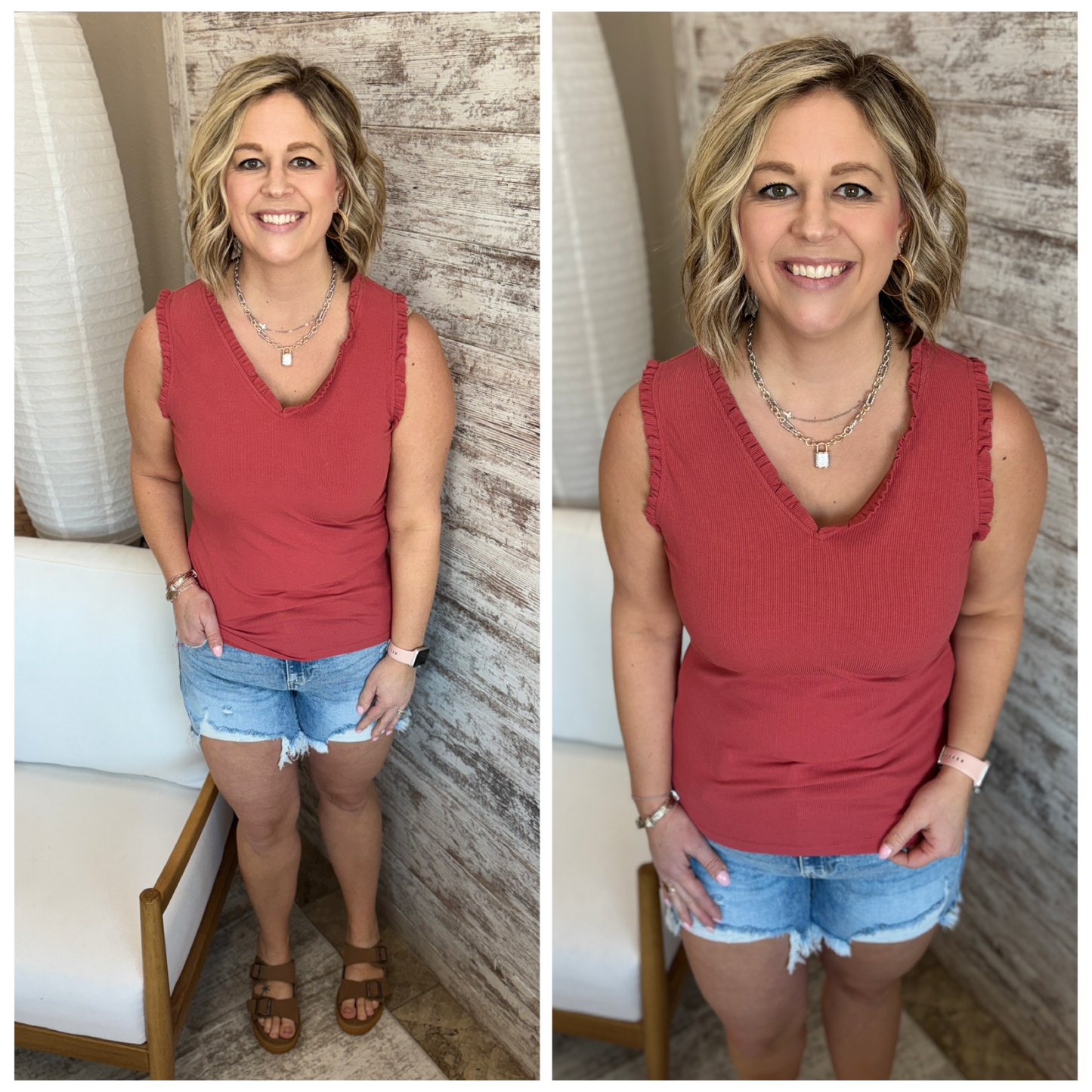 Burnt Sienna V Neck Frilled Knit Tank