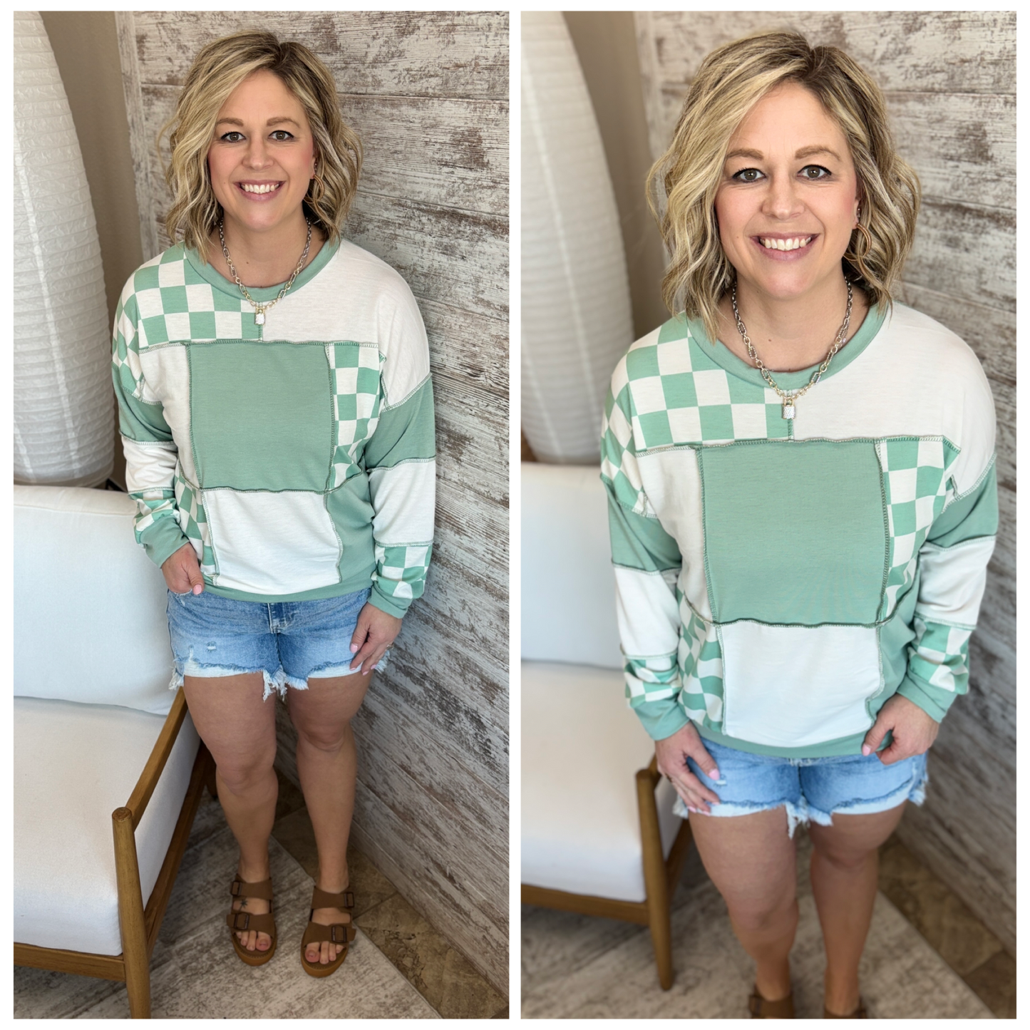 Sage Checkered Patchwork Top