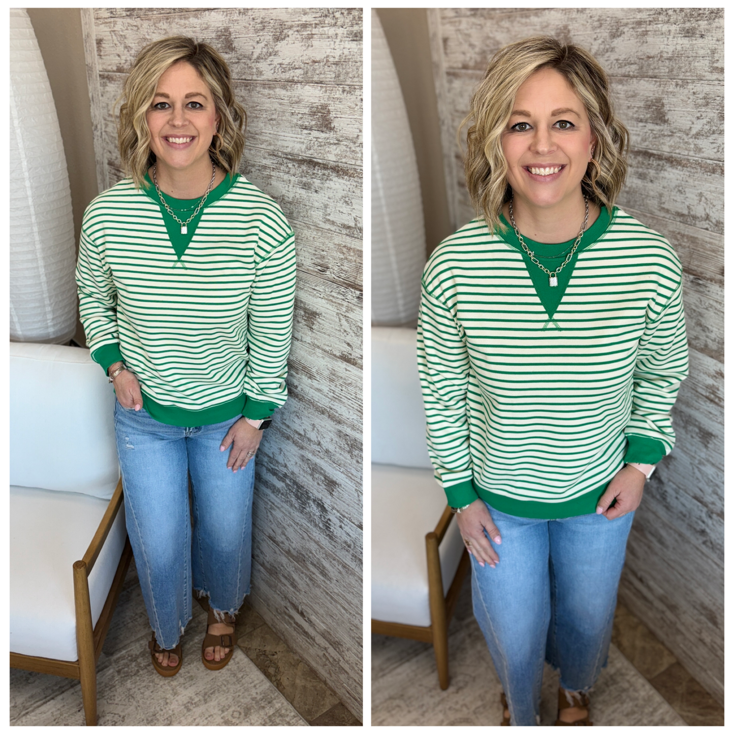 Green Striped Exposed Seam Pullover