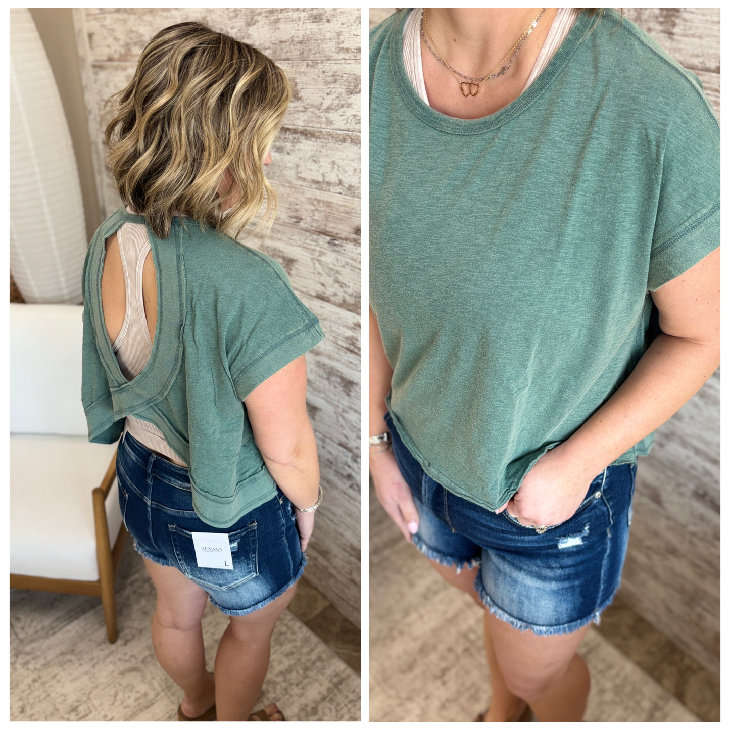 Dark Teal Washed Open Back Cropped Tee