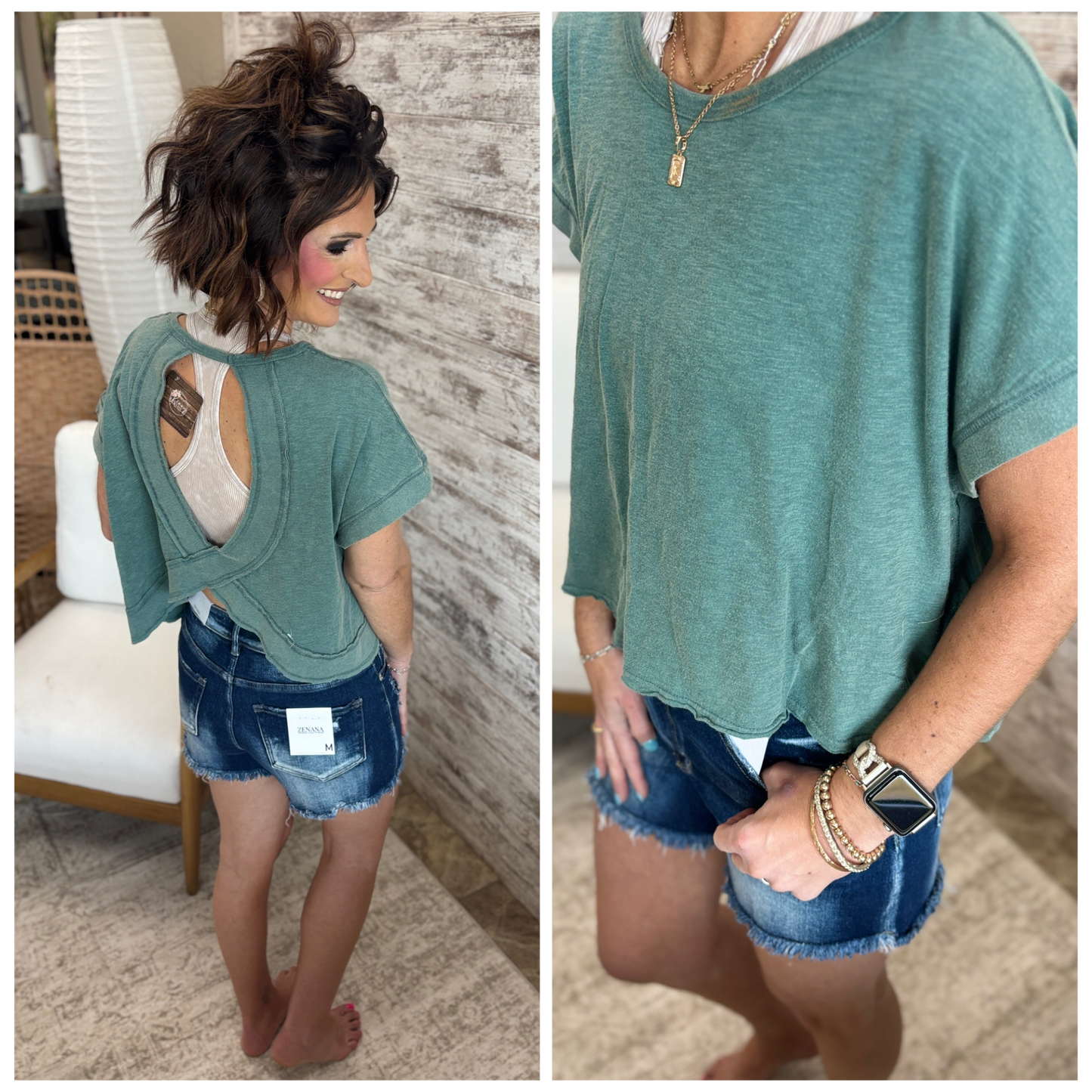 Dark Teal Washed Open Back Cropped Tee
