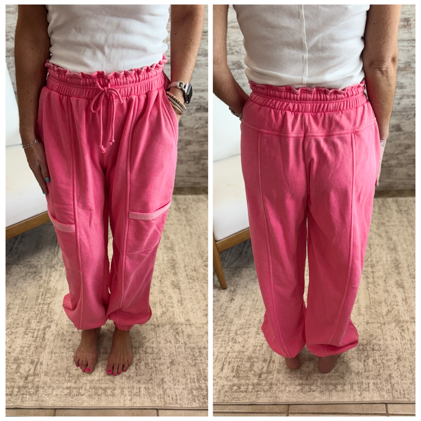 Taffy Pink Ruffle Waist Burnout Jogger Pants