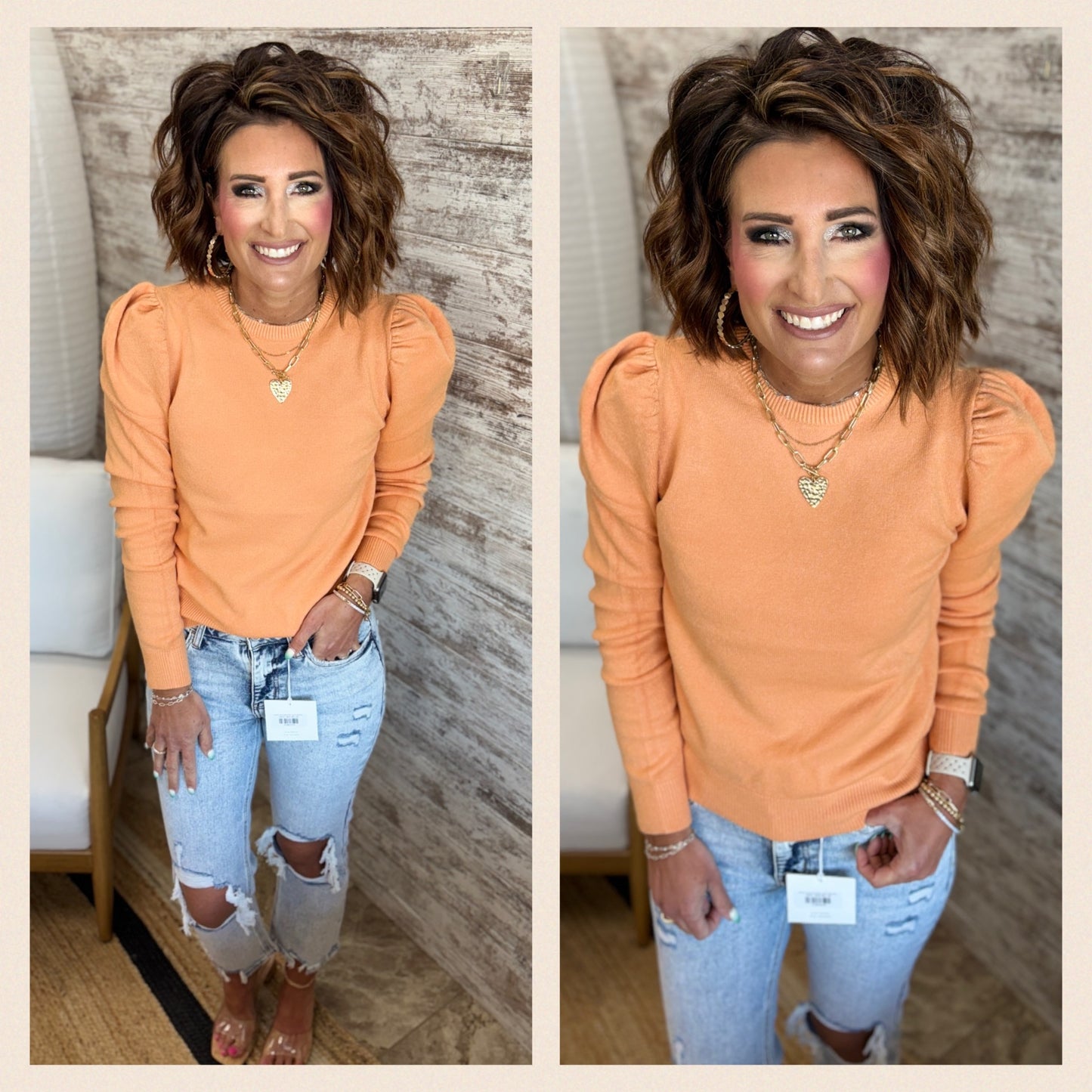Cantaloupe Crew Sweater with Puff Sleeves