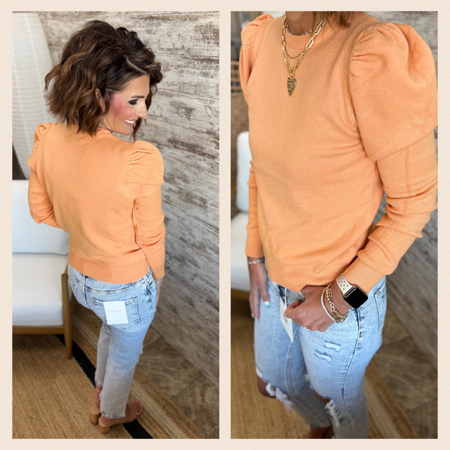 Cantaloupe Crew Sweater with Puff Sleeves