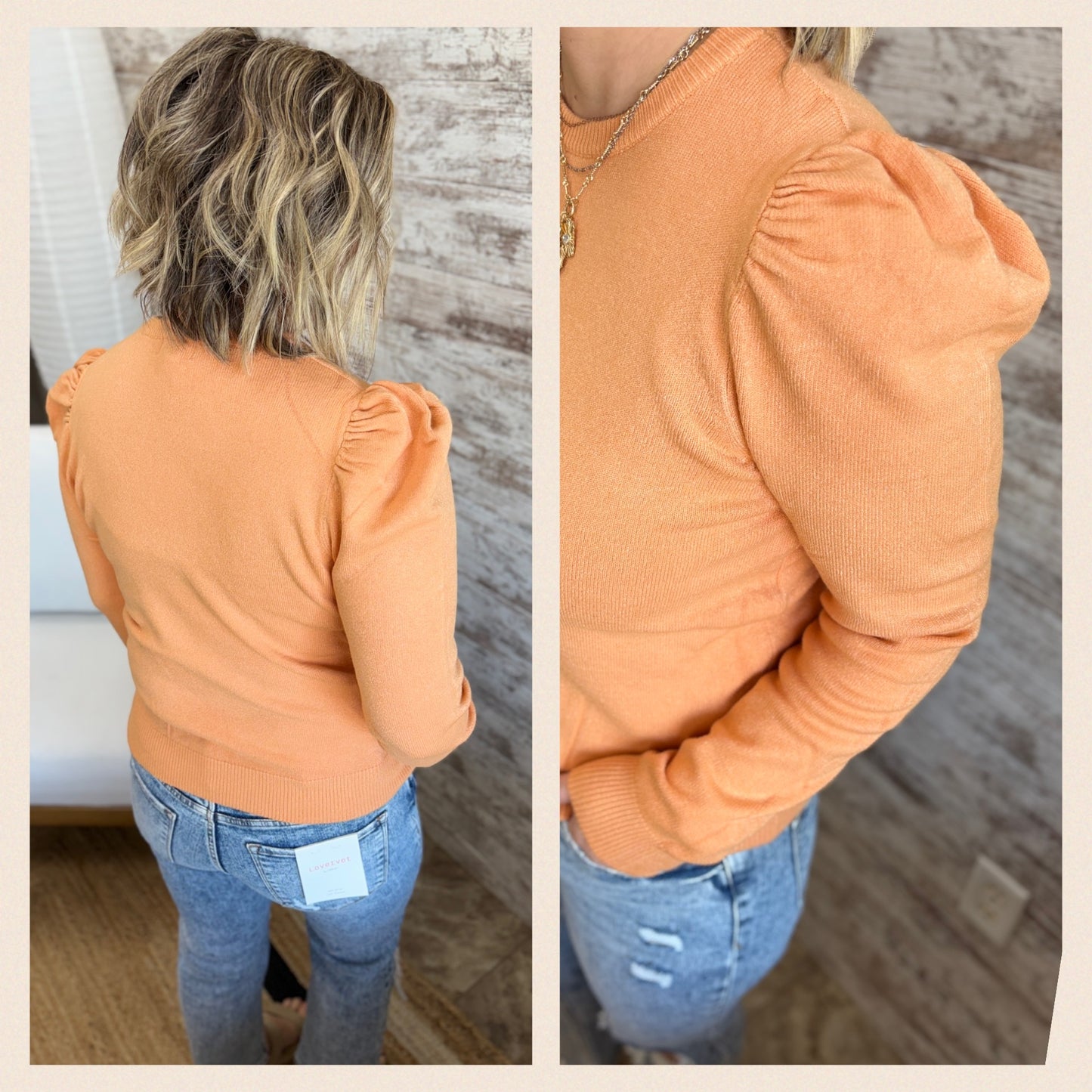 Cantaloupe Crew Sweater with Puff Sleeves