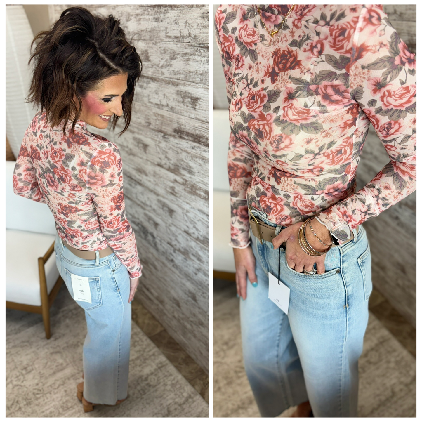 Cream/Pink Floral Mesh Top