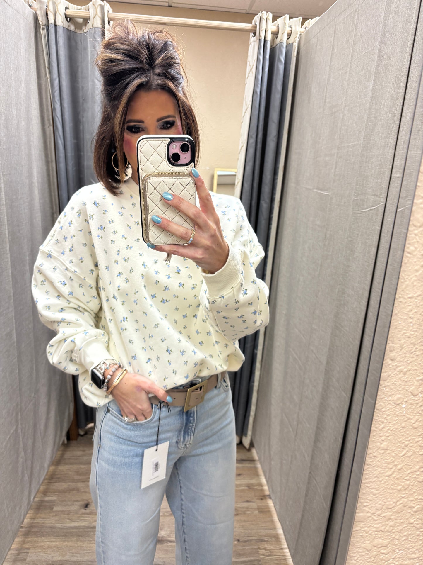 Cream/Blue Ditsy Floral Crew Neck