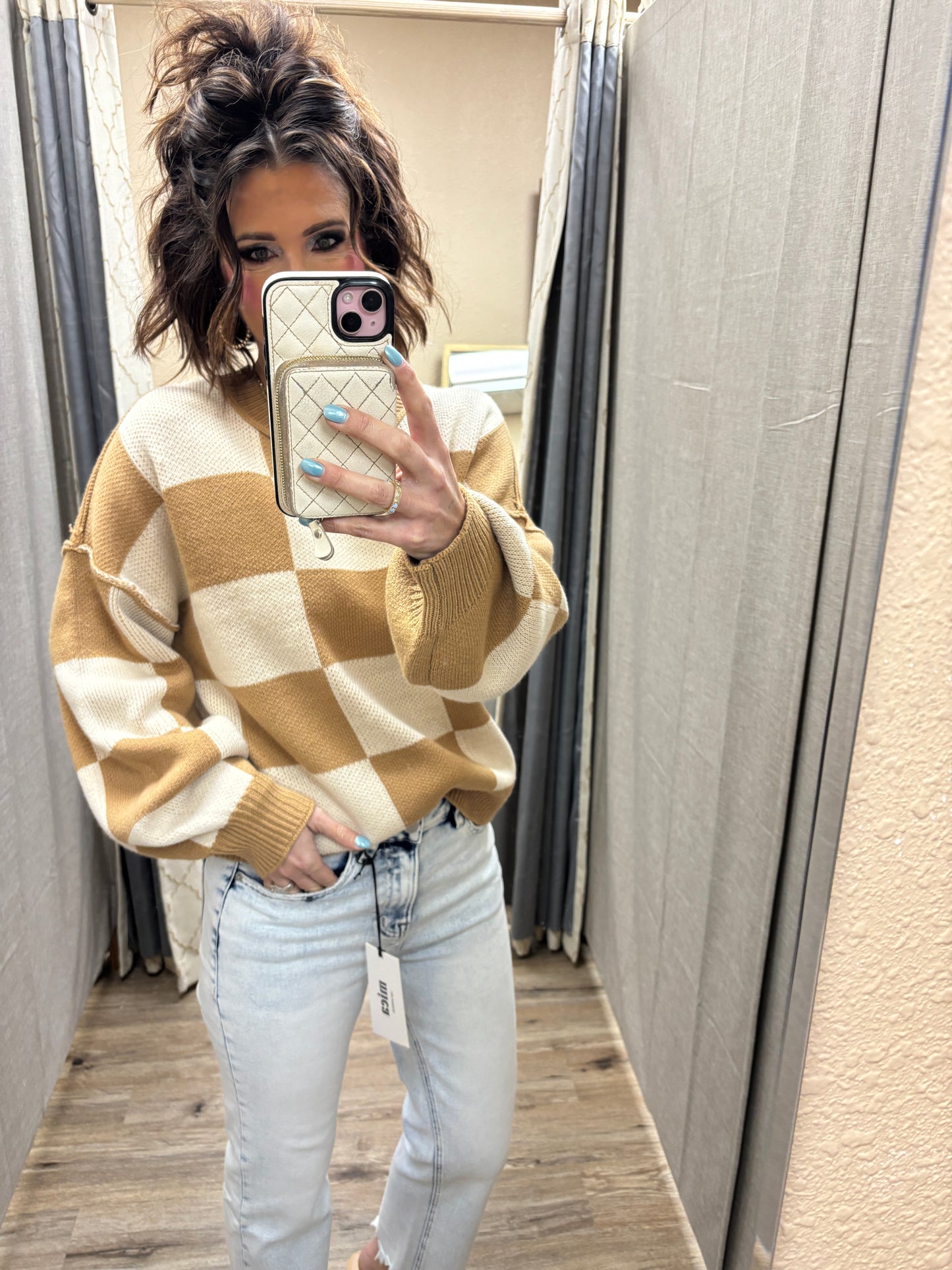 Beige/Camel Checked Knit Sweater