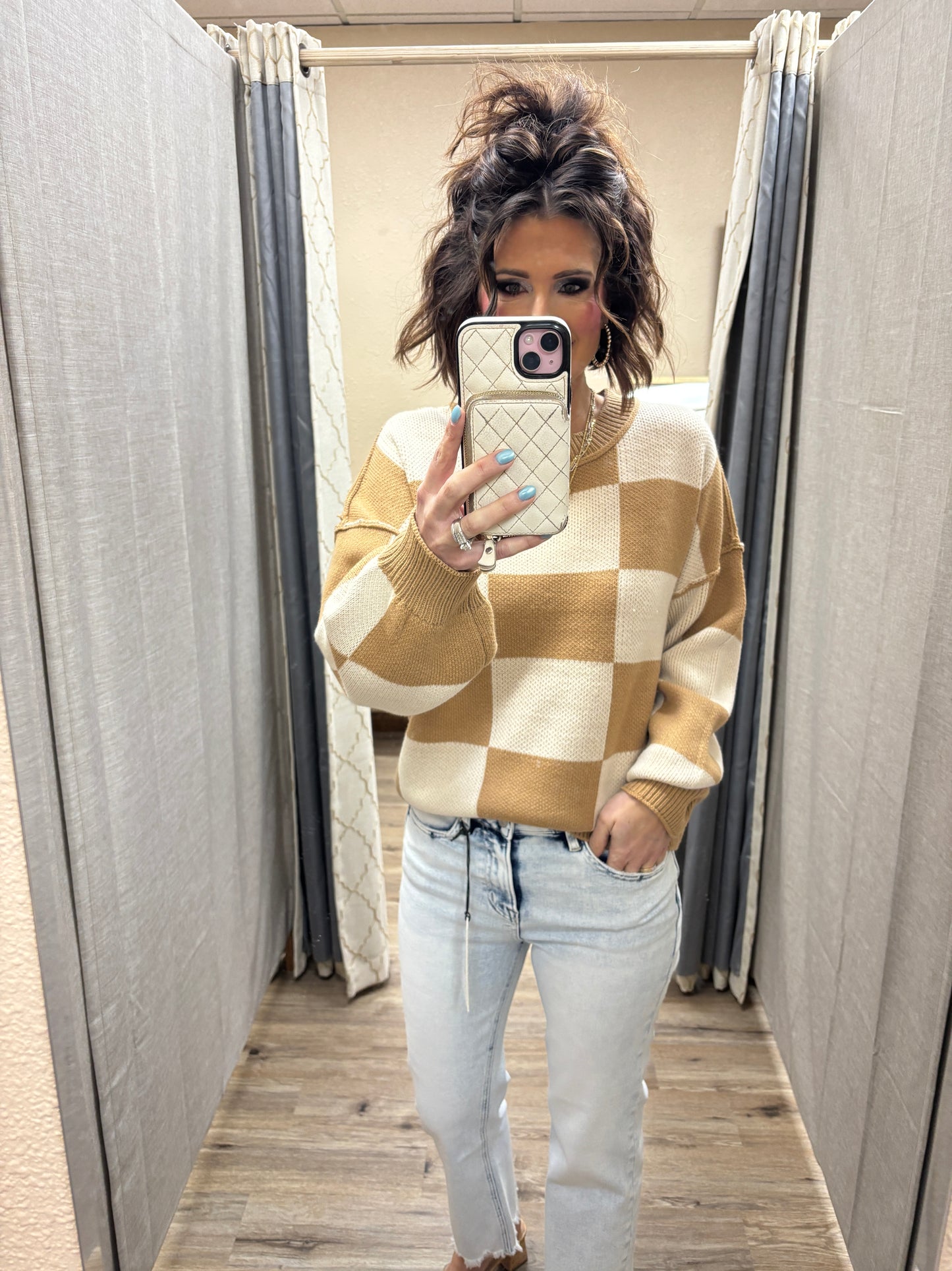 Beige/Camel Checked Knit Sweater