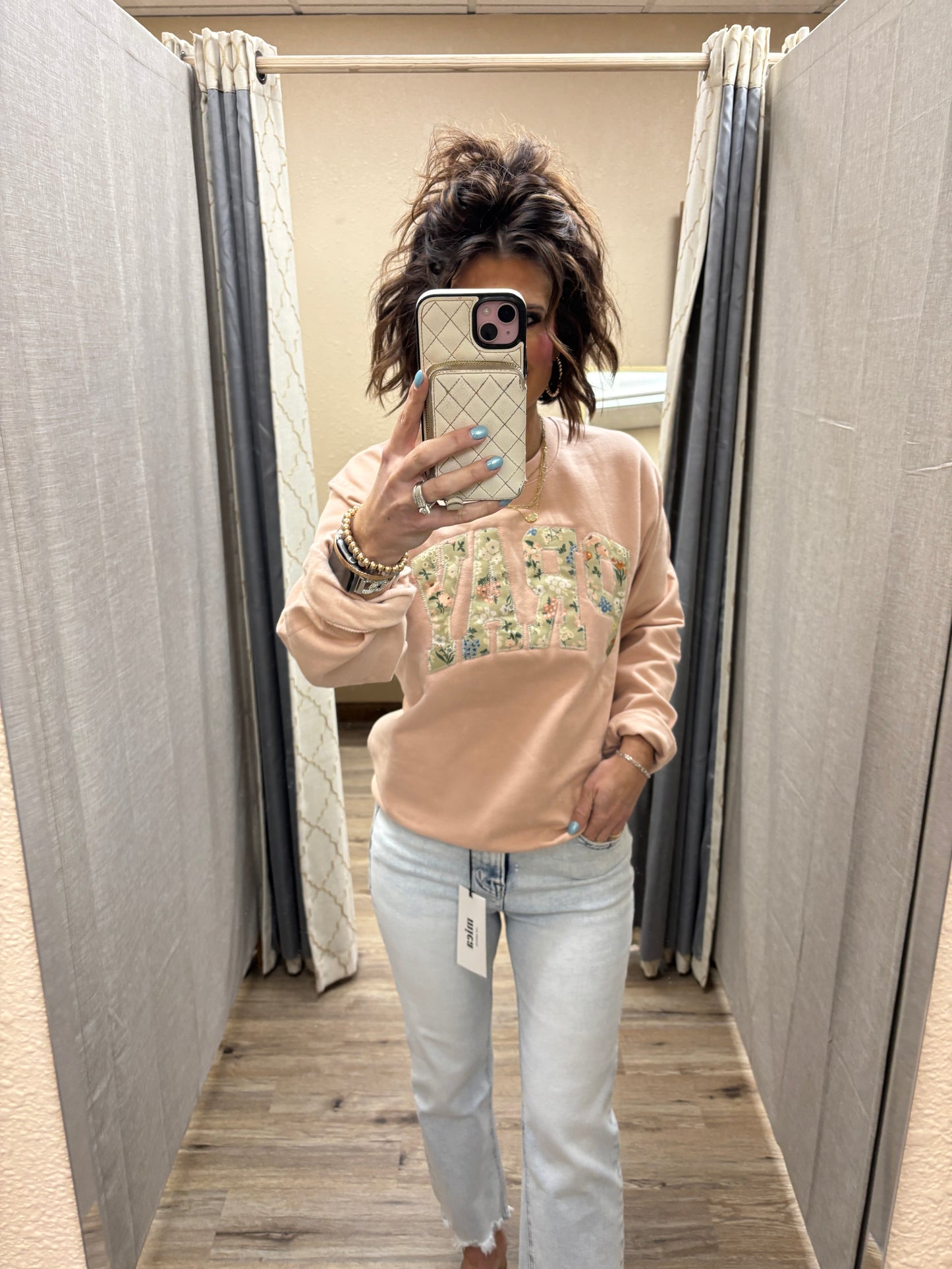 Peach Pray Embroidered Crew Neck