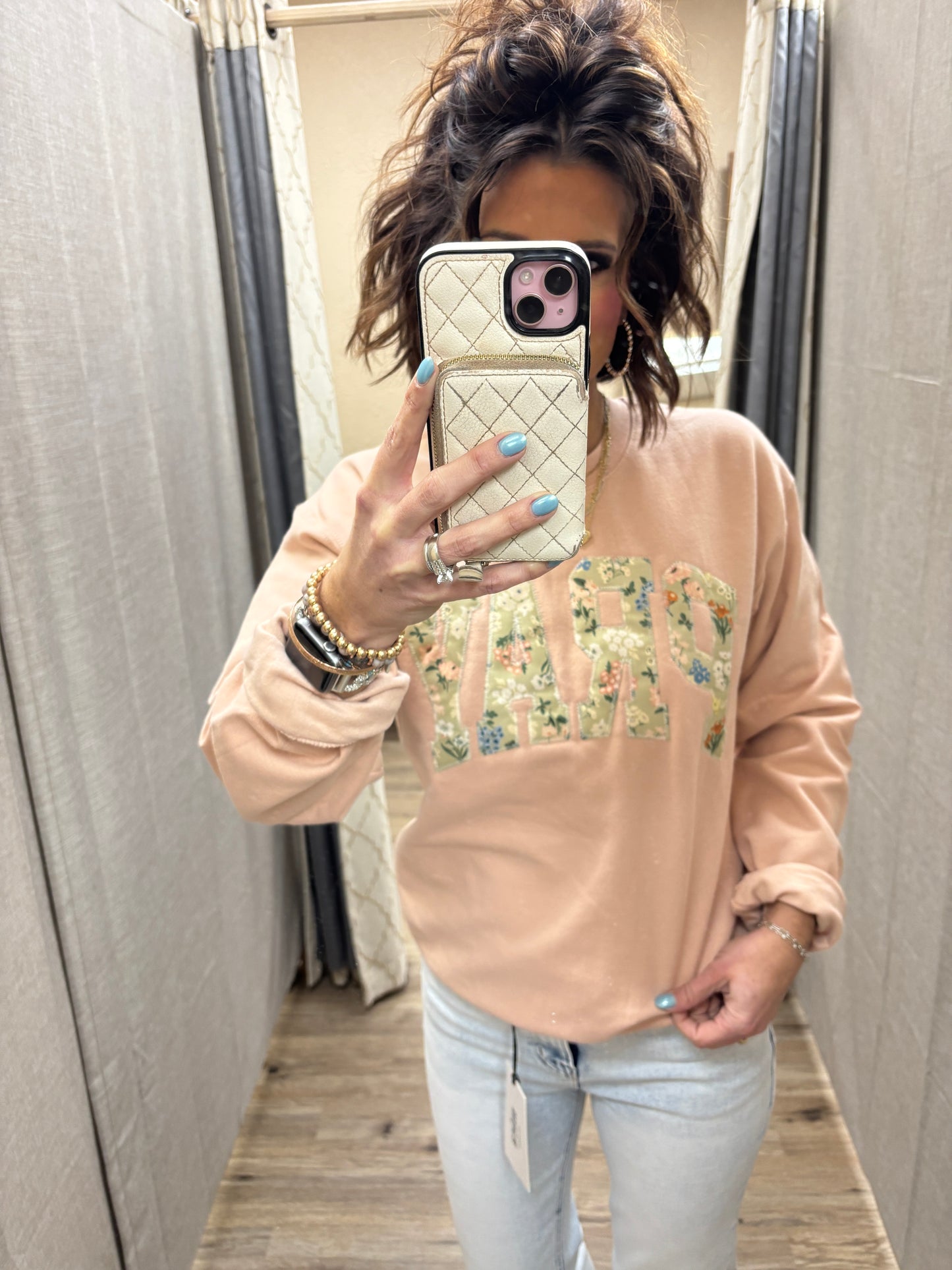 Peach Pray Embroidered Crew Neck
