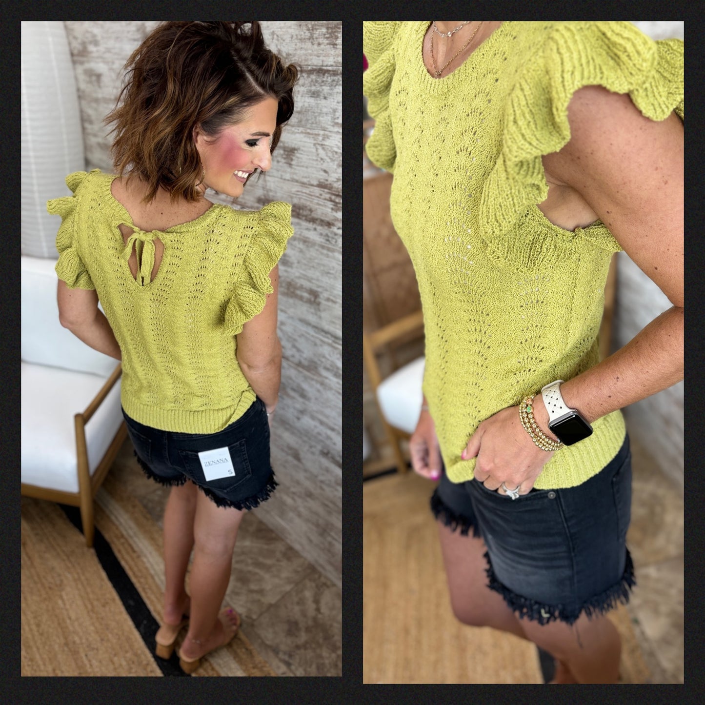 Kiwi Flutter Sleeve Tie Back Sweater Tank