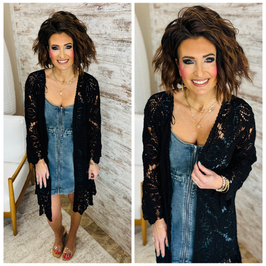 Black Crochet Bell Sleeved Cardigan