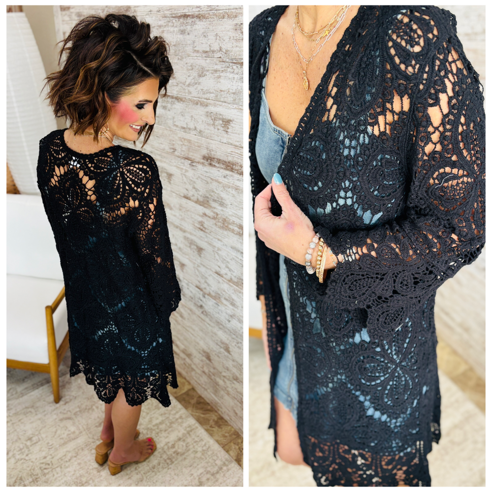 Black Crochet Bell Sleeved Cardigan