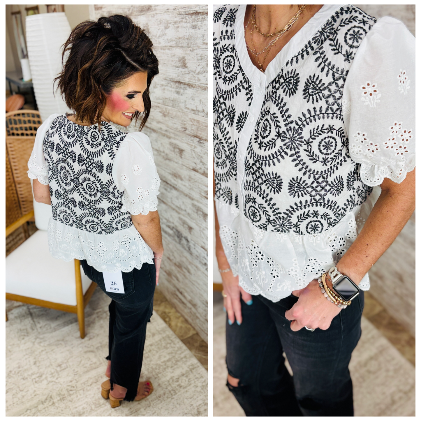 White/Black Button Down Embroidered Top