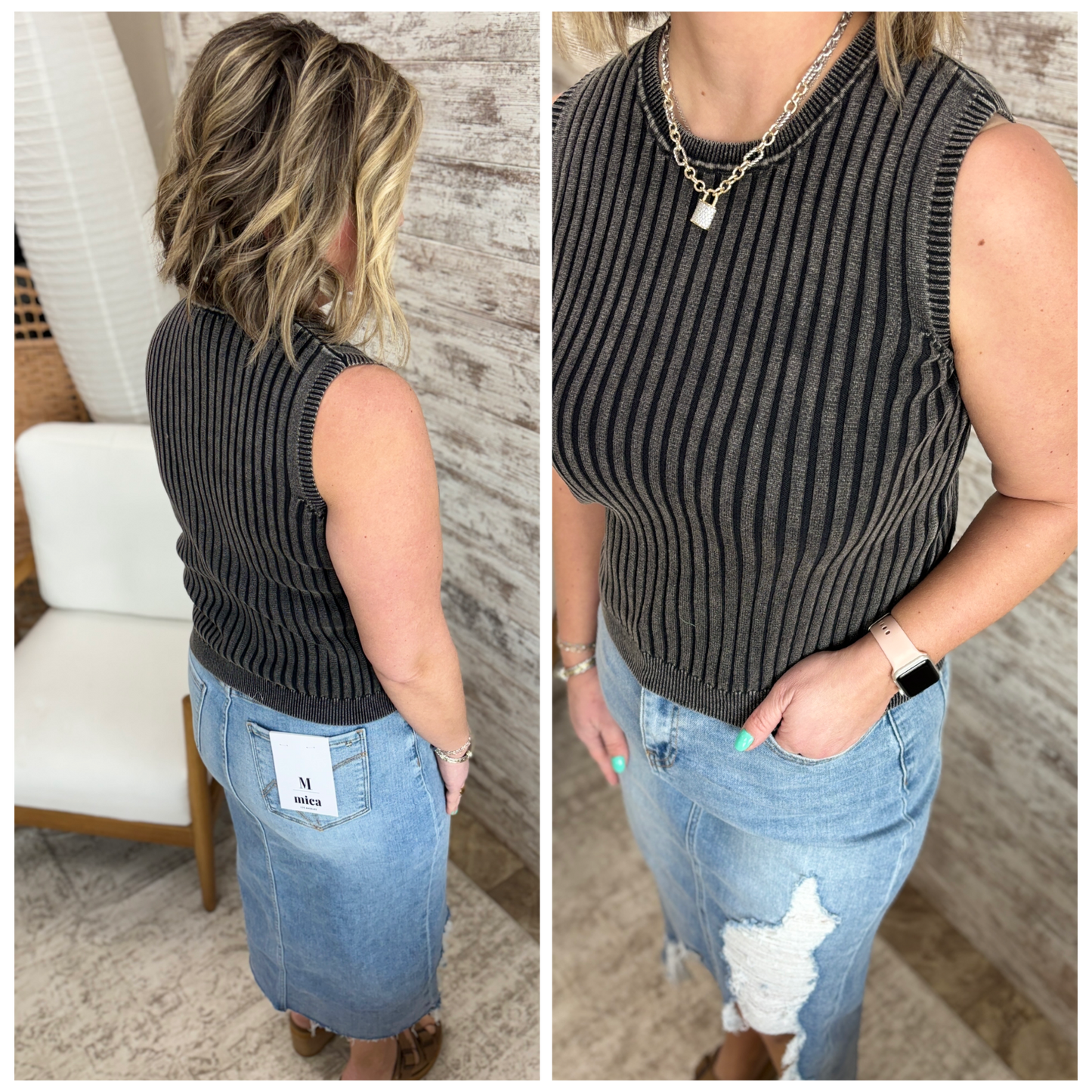 Black Mineral Wash Ribbed Sweater Tank